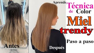 APRENDE hacer COLOR MIEL TRENDY en pelo DECOLORADO Y NATURA TECNICA Y FORMULA [upl. by Nrehtac]