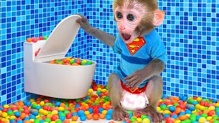 Monkey Baby Bon Bon meets rain of chocolate candy and eats rainbow milk bottle jelly with ducks [upl. by Rankin]