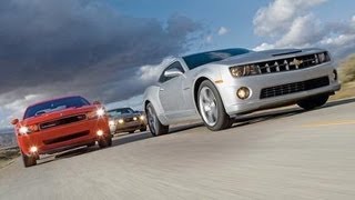 2010 Chevy Camaro SS vs 2010 Ford Mustang GT 2009 Dodge Challenger RT  CAR and DRIVER [upl. by Los]