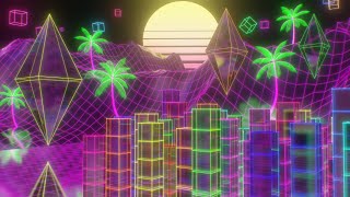 Vaporwave Neon Landscape With Palm Trees Retro Sun And 3D Octahedrons 4K Background VJ Video Effect [upl. by Tasiana]