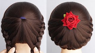 Braided Bun Hairstyle For WEDDING Bridal Hairstyle Ladies Simple And Easy [upl. by Anselmo]