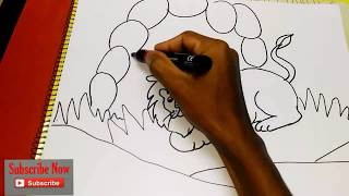 How to draw a cartoon lion with scenery easy steps [upl. by Henleigh]