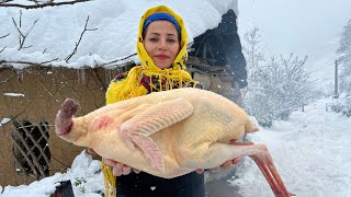 Mix of Cooking giant Turkey in Snowy Day in Village  Stuffed Turkey Recipe [upl. by Joris]