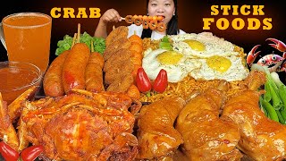 Stick Food Mukbang  Eating Super Spicy Noodles  Chicken Adobo  Fried Crab  Fish Ball  Sausages [upl. by Yesllek]