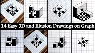 14 Easy Drawings on Graph Paper  Dibujos 3d  3d drawing  Illusion on Graph  Graph Paper Art [upl. by Ledah406]