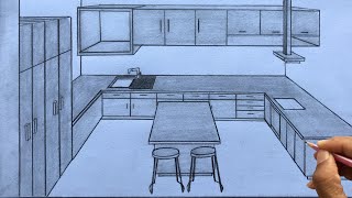 How to Draw a Kitchen using 1Point Perspective Step by Step [upl. by Uzziel]