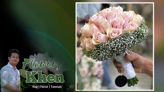 HOW TO MAKE EASY BRIDAL BOUQUET  FRESH FLOWER LIGHT PINK ROSES AND WHITE GYPSOPHILA [upl. by Siegfried695]