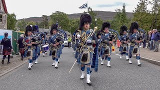 RAF Central Scotland Pipes amp Drums parade through village to 2018 Braemar Gathering Highland Games [upl. by Ssepmet]