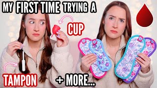 TESTING PERIOD PRODUCTS FIRST TIME trying a tampon menstrual cup  more… [upl. by Ailemrac31]