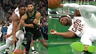 Jayson Tatum takes out Donovan Mitchell with shoulder as Celtics end Cavs 150 start [upl. by Hillary]