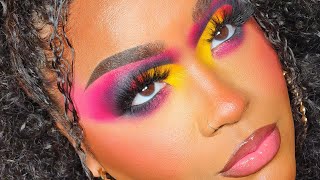 DARK TROPICAL CUT CREASE TUTORIAL  foundation routine 🖤💛🩷🌴✨️ [upl. by Nylisoj]