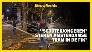 Jongeren op scooters zoeken confrontatie met ME en steken tram in brand in AmsterdamWest [upl. by Neillij233]