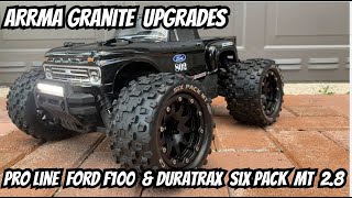 Arrma Granite Upgrades Pro Line Ford F100 Body amp Duratrax Six Pack MT 28 Belted Tires [upl. by Joelle493]