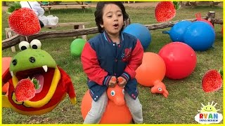 Kids Strawberry Picking at the Farm Family Fun Kids Play Area with Giant Slides Children Activities [upl. by Ariajay]