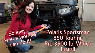 POLARIS SPORTSMAN PRO 3500 LB WINCH INSTALL justdenise installbyawoman [upl. by Ellehsyt]