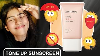 INNISFREE TONEUP SUNSCREEN REVIEW WITH DEMO  SPF 50 PA [upl. by Spain]