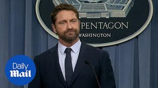 Gerard Butler gives a speech in the Pentagons briefing room [upl. by Yvehc734]