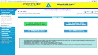 ALLAHABAD BANK ACCOUNT ONLINE BANKING BENEFICIARY ADDITION OR CREATION [upl. by Adnohsad]