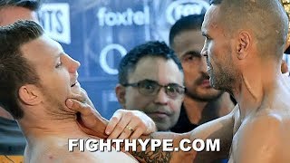 WHOA ANTHONY MUNDINE GRABS JEFF HORN BY THE THROAT AND SHOVES HIM AT HEATED WEIGHIN [upl. by Stine]