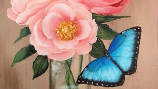 Blue Morpho Butterfly with Peonies Acrylic Painting LIVE Tutorial [upl. by Alicia712]