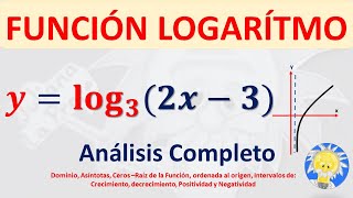 FUNCIÓN LOGARÍTMICA Análisis Completo Dominio rango ceros raíces intervalos de C y C [upl. by Hailat]