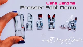 Usha Janome Allure Dlx  Presser Foot Demo  Blind Hem  Piping  Rolled Hem  NimasDesignerStudio [upl. by Hassadah132]