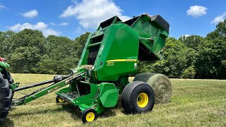 Having Fun Baling Hay With John Deere 5M and 450M [upl. by Yboc]