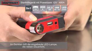 Dino KRAFTPAKET Starthilfegerät 12V400A 333Wh Starthilfe mit Powerbank amp LEDLampe 136103 [upl. by Rusert]