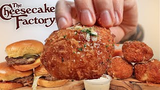 MUKBANG EATING THE CHEESECAKE FACTORY FRIED MAC amp CHEESE BALLS CHEESEBURGER ROLLS SAUCY BURGERS ASMR [upl. by Amaris]