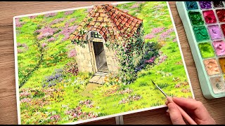 Studio Ghibli Scene Gouache Painting Mellow Days Magnolia Sketchbook Review  Paint With Me 🌿 [upl. by Scotney348]