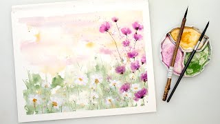 How to paint watercolor simple flowers for beginners  easy landscape [upl. by Leontina431]