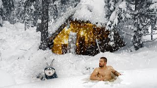 Winter Camping in Snow Storm with Survival Shelter amp Bushcraft Cot and Ice Bath [upl. by Enair]