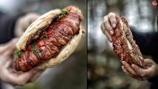 BACON ROLLED DOUBLE MEAT BURGER  BUSHCRAFT FOODPORN [upl. by Nichol]