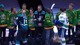 Cast of The Mighty Ducks drop ceremonial puck in Anaheim [upl. by Loretta874]