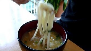 Eating Japnaese food Udon quotTsukimi Kitsune Udonquot 月見きつねうどん [upl. by Ardried780]