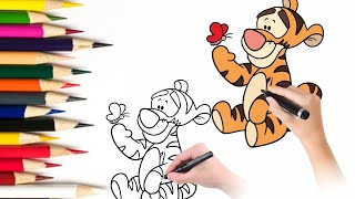 How to Draw Tigger Playing with a Butterfly  Winnie the Pooh Cartoon Drawing Tutorial [upl. by Gnues16]