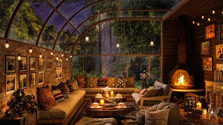 🌧 Rainy Night Forest at Cozy Coffee Shop  Smooth Jazz with Rain Sounds For Relax Study and Sleep [upl. by Akierdna345]