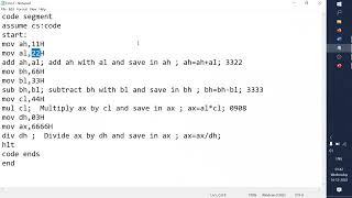 Assembly language programming for arithmetic operations in 8086 – MASM611 simulation [upl. by Avilo]