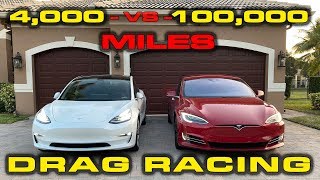 HIGH MILES  LESS POWER 100K Mile Tesla Model S P100D vs Model 3 Performance 14 Mile [upl. by Adnohser]