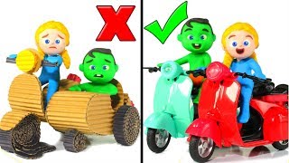 CARDBOARD MOTORBIKE VS NEW FASHION SCOOTER ❤ SUPERHERO PLAY DOH CARTOONS FOR KIDS [upl. by Merlina]