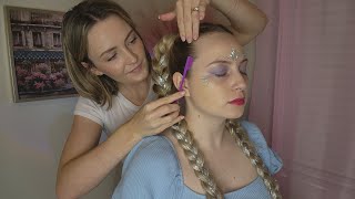 ASMR Perfectionist Festival Twin Braid Hairstyle With Tinsel Extensions  Wax Mini Combing amp Makeup [upl. by Athiste]