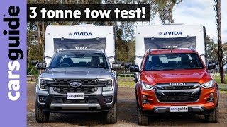 TOWING TEST Ford Ranger Wildtrak V6 vs Isuzu DMax XTerrain  28t caravan tow review [upl. by Salbu]