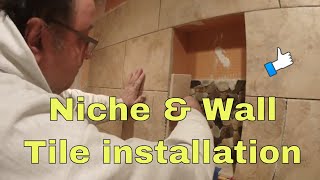 How to tile shower walls and custom niche installation Part 2 porcelain tile [upl. by Lohse]