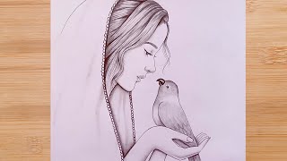 How to draw A girl with a parrot  step by step  Pencil Sketch for beginners [upl. by Dwyer273]