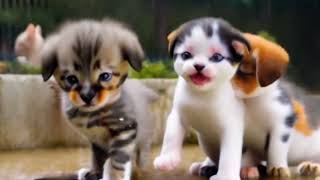 😺 cute kitten and puppies get caught in the rain while playing together  beautiful rain sound 💦 [upl. by Nisior]