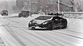 Huracan Performante Drifting in Snow Storm  Snowboarding Behind The Lambo [upl. by Yrevi]