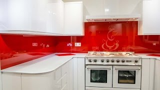 Red Glass Kitchen Splashback and White Glass Worktop Installation by Creoglass Design 01923 947 454 [upl. by Nitsirhc]