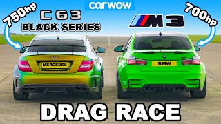 750hp AMG C63 Black Series v 700hp BMW M3 DRAG RACE 14 12 and 1MILE [upl. by Llarret]