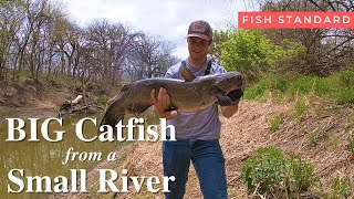 Small River Catfishing  Catching a BIG Channel Catfish from the Bank [upl. by Rome]