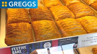 Trying GREGGS Festive Menu Items  Festive Bake Pigs under blankets baguette Greggs at Christmas [upl. by Htebazie]